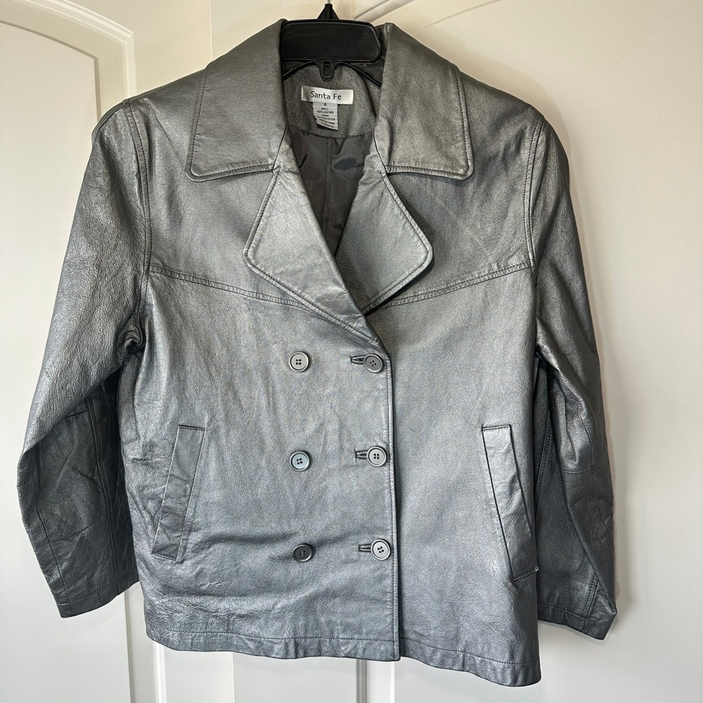 Santa Fe Leather Jacket Blazer Womens Size 8 Silver‎ Metallic Retro Vintage